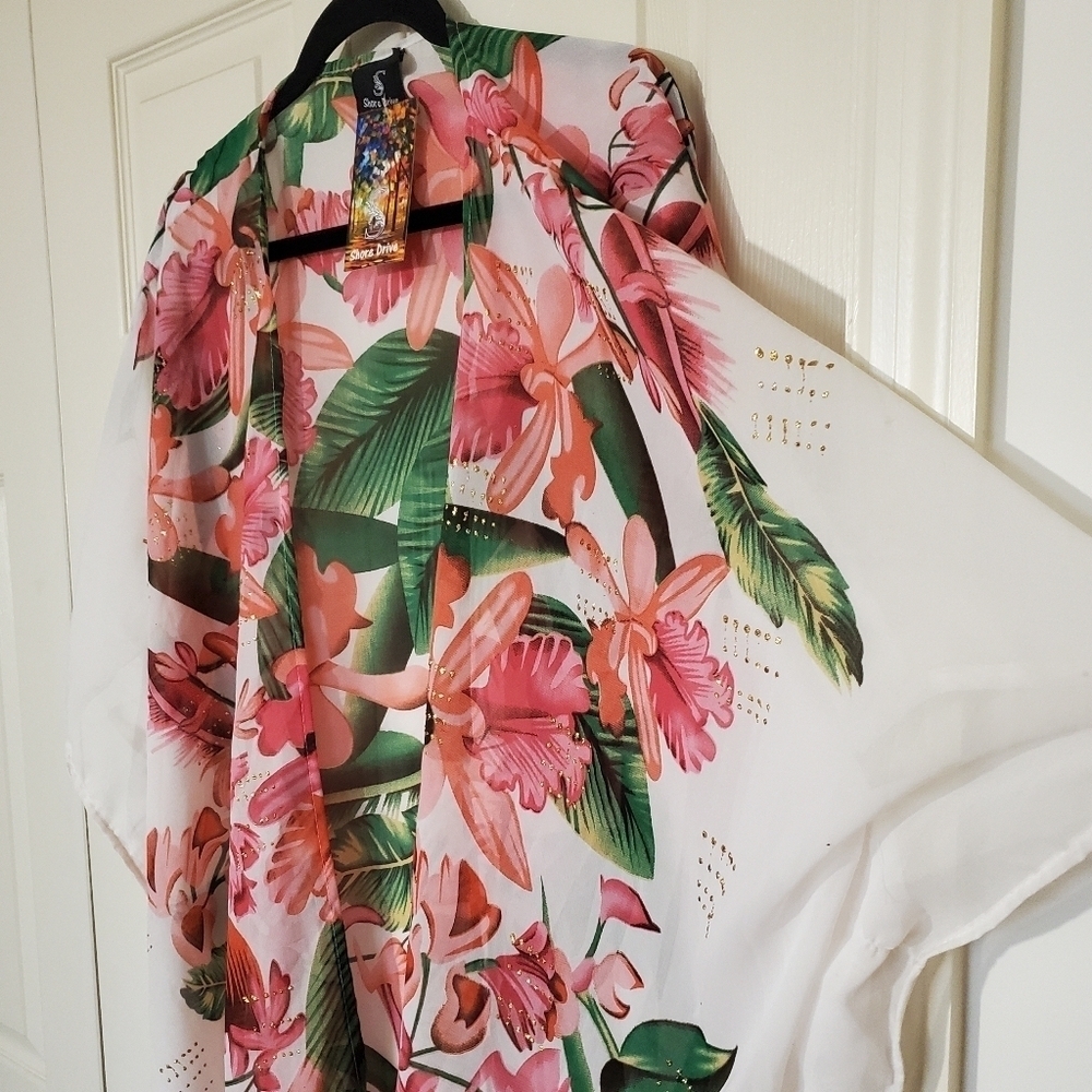Shore Drive White Floral Kimono Cardigan Beach Open Front Cover Up One Size